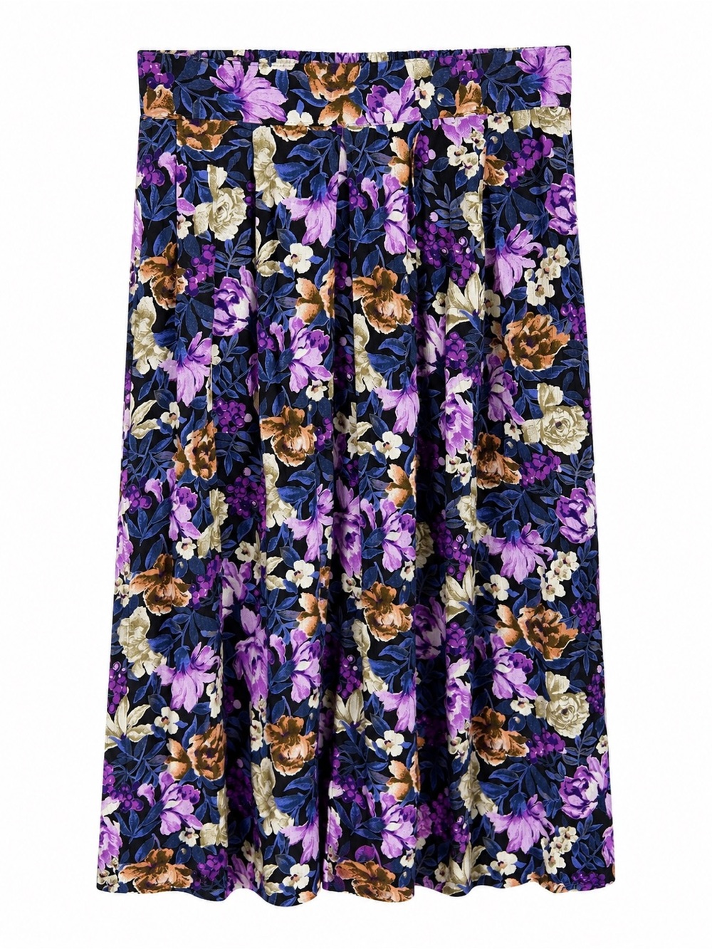 Vintage 90s Floral Viscose Midi Skirt Purple Multi Size M